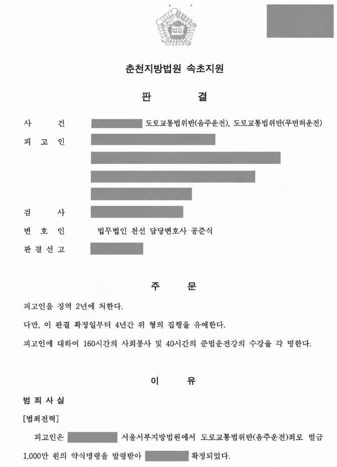 음주운전 전력 후 두 차례 무면허 음주운전, 징역 2년·집행유예 4년 선고 사례 관련 비식별 처리 자료