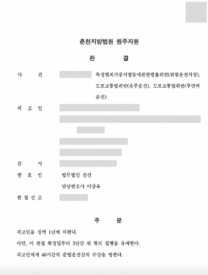 음주·무면허운전 교통사고로 위험운전치상 기소, 집행유예 선고 사례 관련 비식별 처리 자료