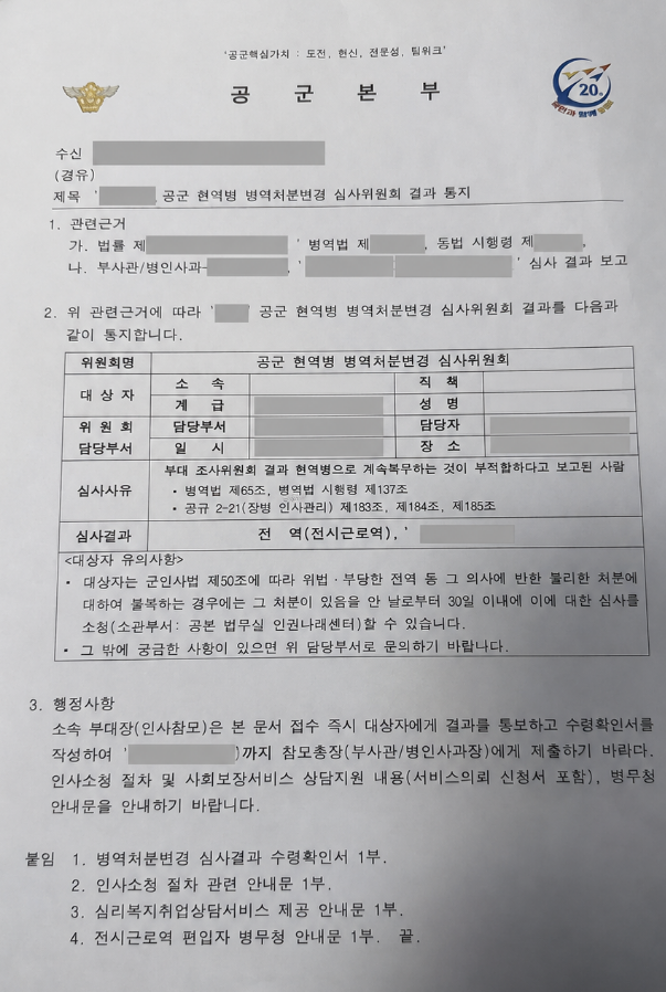 공군 현역복무부적합심사, 전시근로역 전역 결정 사례 관련 비식별 처리 자료